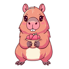 Cute capybara vector illustration, animal, holding a juicy strawberry in a plate, cute, vector illustration