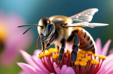 close-up of a flower with a bumblebee wasp - obrazy, fototapety, plakaty