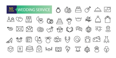 Wedding service icons set outline vector. Outline web wedding service icons such as website address, wedding vows, flower, wedding planner. - obrazy, fototapety, plakaty
