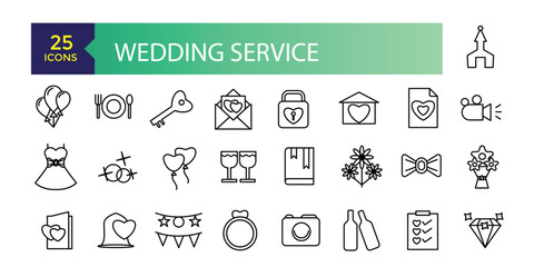 Wedding service icons set outline vector. Outline web wedding service icons such as website address, wedding vows, flower, wedding planner.