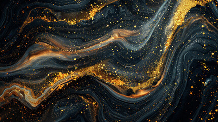 Abstract, shimmering gold and black art, resembling a starry night. , - obrazy, fototapety, plakaty
