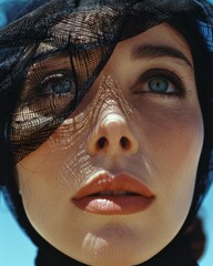 Fototapeta premium Elegant Woman with Black Veil, Classic Beauty Portrait