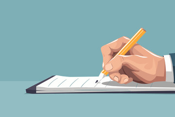 Businessman writing notes or message on notebook paper with pencil, recording information for memo, lecture, diary or article, brainstorming ideas and thoughts, documentation and composition concept.