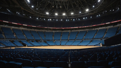 An empty basketball arena or stadium with illuminated floodlights and empty fan seats, awaiting the excitement of a sporting event.