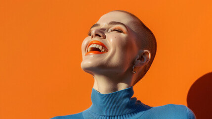 Vivid Expression: Joyful Woman with Glitter Makeup Laughing on Orange Background