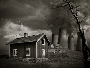 Wooden house and white smoke of emission from coal power plant - 765737909