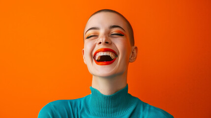 Vivid Expression: Joyful Woman with Glitter Makeup Laughing on Orange Background - obrazy, fototapety, plakaty