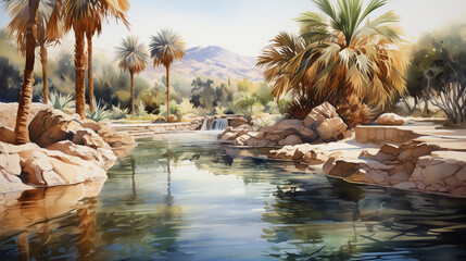 A watercolor painting of A luxurious desert retreat illustrated with showcasing elegant architecture, palm trees, and a serene reflective pool. - obrazy, fototapety, plakaty