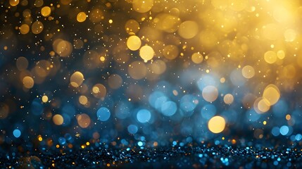 abstract glitter background with golden and blue lights, shiny particles on dark background,