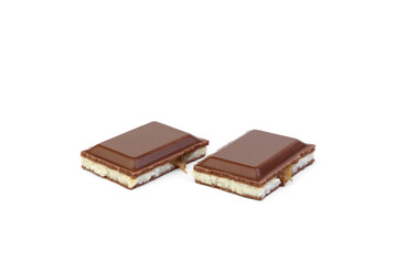 Milk chocolate with milk filling and caramel isolated on white background.