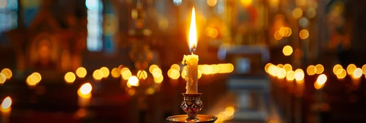 Foto op Plexiglas The candle flame in orthodox church, close up © ryanbagoez