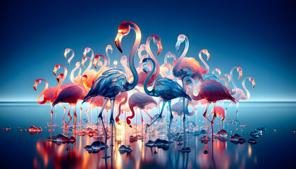 An artistic rendering of translucent color flamingos against a gradient blue background, featuring backlighting and a superimposed design that creates a radiant, glowing effect - obrazy, fototapety, plakaty