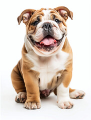 Happy Cute french bulldog sitting on white background with tongue out, front view shot. isolated photo.
