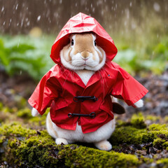 Rainy Day Rabbit Adorable Bunny in a Stylish Red Raincoat