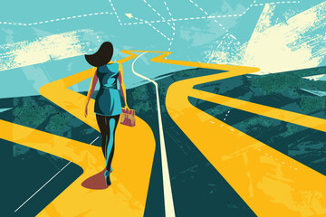 Businesswoman at a crossroads: Navigating career path choices with determination, conquering confusion and doubt to seize opportunities for success. 