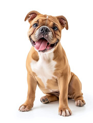 Obraz premium Happy Cute french bulldog sitting on white background with tongue out, front view shot. isolated photo.
