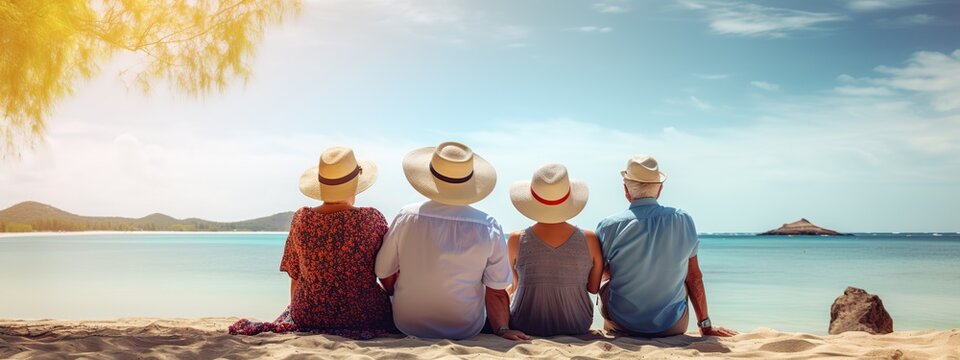 Happy elderly friends sit on the beach near the ocean, cruise ship as a background, trend for individuality, magazine photography, professional color grading, generative Ai 