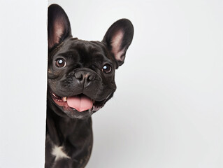 Happy french bulldog peeking out from behind blank poster board against white background. Blank copyspace for text.