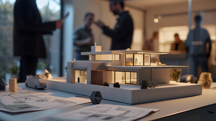 Obraz premium house model placed on a table, surrounded by prospective buyers browsing through a Real Estate Energy Efficiency Diagnosis (DPE) document, emphasizing the property's energy performance, concept