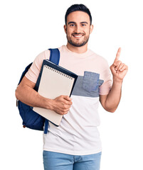 Young handsome man wearing student backpack and notebook surprised with an idea or question...