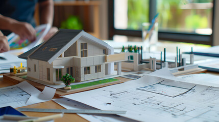 detailed house model placed on a table, accompanied by a DPE document, showcasing the property's energy performance and promoting sustainable real estate
