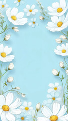 Frame of white cosmos flowers of different sizes on light blue background. Space for text in the center. Vertical image.