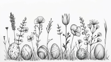 Illustration of drawing black ink easter eggs and spring flowers