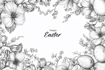 Illustration of drawing black ink card with easter eggs and spring flowers