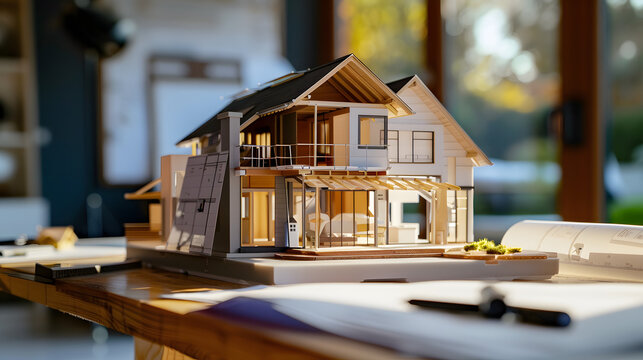  house model placed on a table, accompanied by a Real Estate Energy Efficiency Diagnosis (DPE) document, showcasing the property's energy performance and promoting sustainable real estate