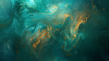 Fluid art with iridescent teals and golds, resembling underwater dreamscape.