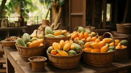 Vibrant Display of Fresh Papayas: Juicy Orange Flesh and Lush Green Skins Nestled in a Rustic Straw Basket, Tempting and Summery - Powered by Adobe