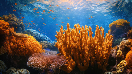 The coral reef ecosystem is replete with vibrant marine life, highlighting the threat of coral bleaching due to rising sea temperatures. The beauty and fragility of coral reefs stands for the preserva - obrazy, fototapety, plakaty