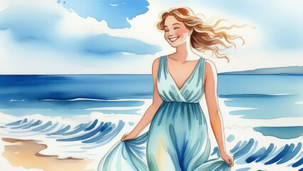 Young woman in a light silk dress, smiling against the backdrop of a light blue sea, waves and sky with clouds. Lightness and airiness.