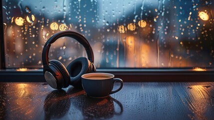 headphones rest on a sleek wooden table beside a steaming black coffee cup. Raindrops blur the window, creating a calming atmosphere. Perfect for capturing a moment of quiet contemplation  - obrazy, fototapety, plakaty