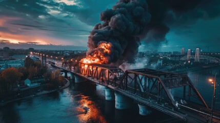 Powerful explosion on a concrete road bridge during the day. burning bridge.  - obrazy, fototapety, plakaty