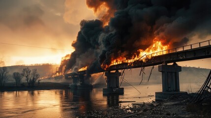 Powerful explosion on a concrete road bridge during the day. burning bridge.  - obrazy, fototapety, plakaty