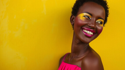 Carefree Elegance:Black Woman with a Glittering Smile and Dynamic Hair on a Yellow Backdrop