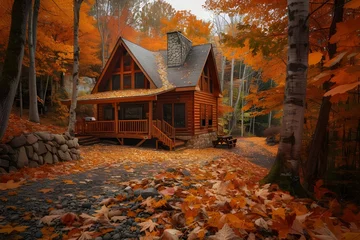 Foto auf Alu-Dibond Cozy Autumn Cabin: Evoke the warmth and coziness of autumn with a photo of a cabin surrounded by fall foliage.   © Tachfine Art