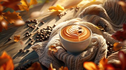 A cozy autumnal setting features a steaming cup of latte with latte art, surrounded by coffee beans - Powered by Adobe