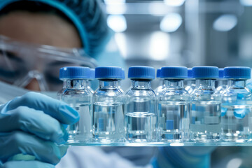 Medical Gloves Handling Test Tube Vials in Laboratory, Vaccine, Scientist - Generative AI