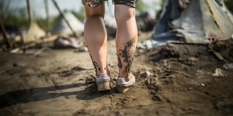 Dirty knees in an adult woman, close-up, in the camp, concept of Grungy blemishes