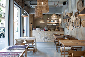 Fototapeta premium Cafe aesthetic. Contemporary cafe interior, wooden furniture, basket lighting. Stylish, urban eatery design. Decor inspiration. Trendy dining ambiance