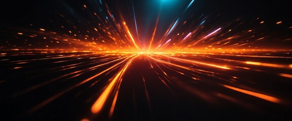 Bright Orange flare rays of neon lights on plain black background from Generative AI