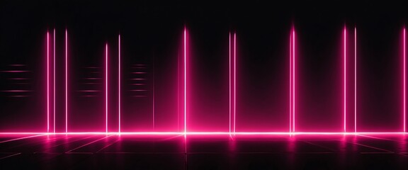 Bright pink flare rays of neon lights on plain black background from Generative AI