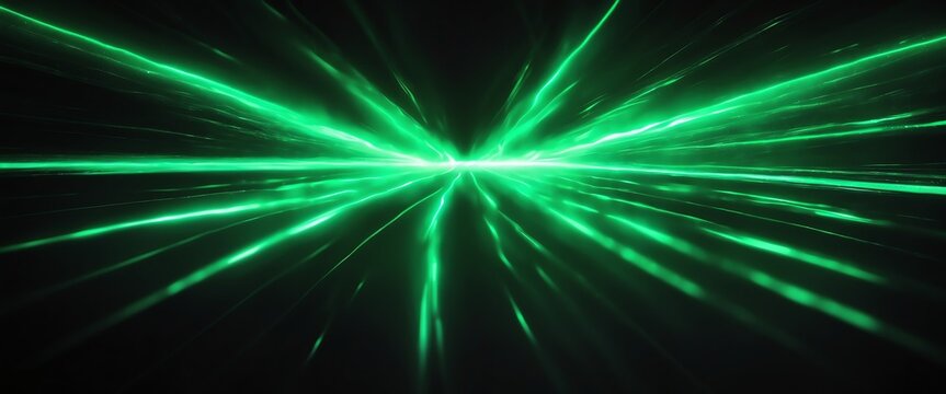 Bright green flare rays of neon lights on plain black background from Generative AI