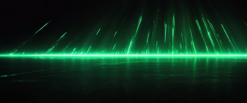 Bright green flare rays of neon lights on plain black background from Generative AI