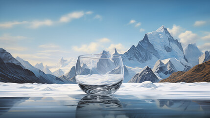 A glass chalice cradles liquid clarity, its base touching the earth. The blurred mountain landscape hints at ancient secrets--the birthplace of pristine water. Each drop, a memory of glaciers and alpi - obrazy, fototapety, plakaty
