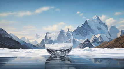 Foto op Aluminium A glass chalice cradles liquid clarity, its base touching the earth. The blurred mountain landscape hints at ancient secrets--the birthplace of pristine water. Each drop, a memory of glaciers and alpi © Hasnain Arts