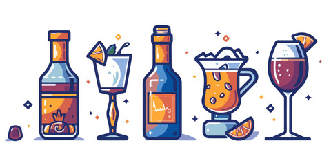 Stylized Alcohol Beverages and Bottles Illustration
