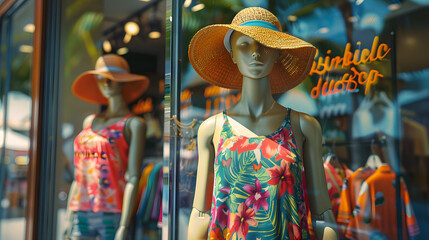 Naklejka premium A photorealistic image of a store window with mannequins wearing summer clothes, with details of the clothes' bright colors and patterns, the mannequins' cheerful expressions.